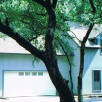 Two-story blue house with a white garage door, shaded by large leafy trees in front.