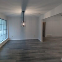 Empty room with gray wood flooring, large window on the left, and a modern pendant light hanging from the ceiling.