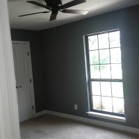 User comments Empty room with dark gray walls, a ceiling fan, a window, a closed white closet door, and beige carpet.